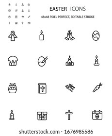 Easter simple line icon set vector illustration.Contains an icon such as a angel, eggs, church, candle, pray, flowers and more.Editable stroke. 48x48 Pixel Perfect.