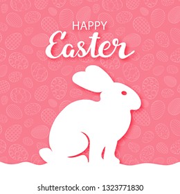 Easter simple postcard. Outlines of a hare in profile on a red background with a pattern of eggs. With congratulatory inscription. For your design.