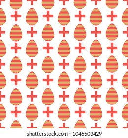 Easter is a simple seamless pattern. Symbols of an egg and a cross. Gold and red color. Vector illustration isolated on white background.