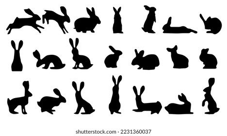 Easter sitting, running, jumping, looking up and standing rabbits black silhouettes. Set of Easter bunny outlines isolated on white background.