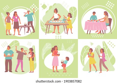 Easter six flat compositions with people cooking festive cakes and eating eggs isolated vector illustration