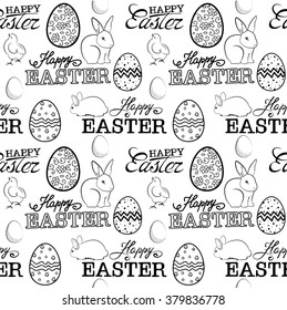 Easter sketch black and white seamless pattern with rabbits. Christianity.