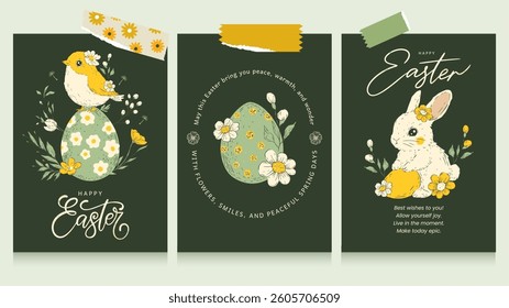 Easter Sketch Card Set Vintage Vector Collection of Bunny Chick Egg Rustic Floral Poster Banner Style