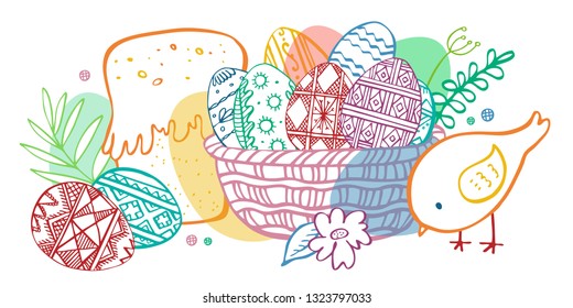 Easter sketch composition with basket, eggs, Easter cake, flowers and chicken. Hand drawn outline color ink vector illustration on white background