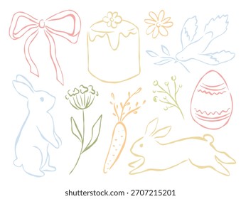 Boceto de Pascua con conejito lindo y huevo. Arte de contorno pastel con flor y lazo. Diseño festivo caprichoso para tarjetas de felicitación.