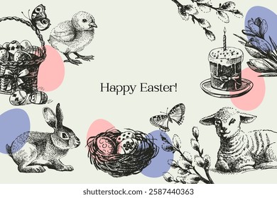 Easter sketch greeting card. Hand drawn vintage illustration background