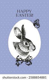 Easter sketch greeting card with rabbit and bow. Hand drawn vintage illustration background