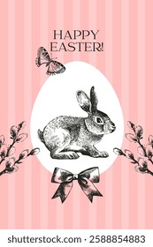 Easter sketch greeting card with rabbit and bow. Hand drawn vintage illustration background