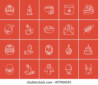 Easter sketch icon set for web, mobile and infographics. Hand drawn easter icon set. Easter vector icon set. Easter icon set isolated on red background.