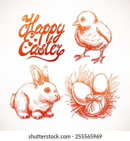 Easter sketch set with cute rabbit, chicken and nest with colored eggs. Hand-drawn illustration