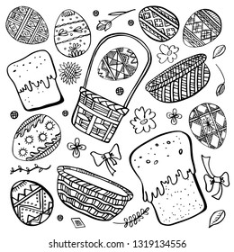 Easter sketch set. Painted eggs, Easter cakes and baskets. Hand drawn outline ink vector illustration black on white background