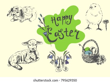 Easter sketch set: rabbit, chicken, lamb, crocus, basket with eggs, pussy willow, colsfoot. Spring set. Hand drawn.