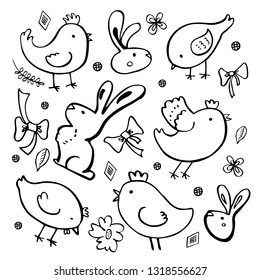 Easter sketch set. Rabbits, chickens and plants. Hand drawn outline ink vector illustration black on white background