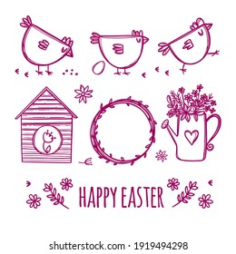 BORRADOR MÁS SENCILLO De La Fiesta De Primavera Con Pollos Y Flores Cuestas De Color Rojo Sobre Un Fondo Blanco De Caricatura Mano Dibuja Vector Ilustración Set Para Impresión