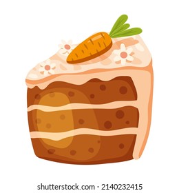 Easter slice of cake, pastry with carrot. Sweet food, bakery, vector illustration