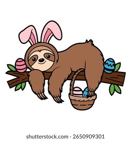 Easter Sloth with Bunny Ears and Basket Illustration