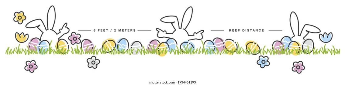 Easter social distancing keep distance handwritten white bunnies, eggs, flowers, grass on white background drawing in line design