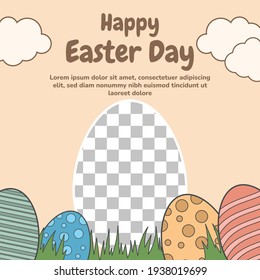easter social media post template. Cartoon style banner with eggs, grass, and sky illustration. Usable for social media post, banner, card, and web internet. Vector design with place for the photo.