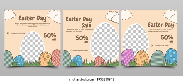 Easter social media post template design. Modern banner design with egg illustration and place for the photo. Suitable for social media post, flyers, cards. and web internet.