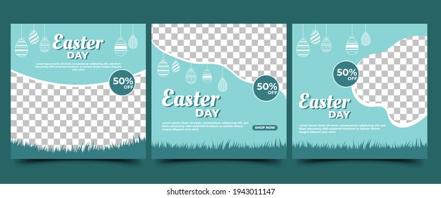 Easter social media post template. Modern banner design with egg illustration and place for the photo. Suitable for social media, flyers, cards. and website.