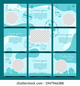 Easter social media post template. Puzzle styles social media post for Easter day with a cyan color background. Usable for social media post, card, and website. Vector design isolated.