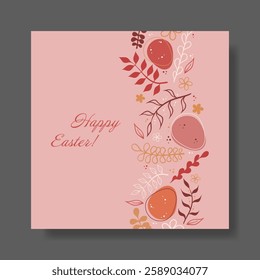 Easter. Soft pink greeting card with decorative eggs, branches, and floral ornaments. Elegant and delicate holiday design with warm tones