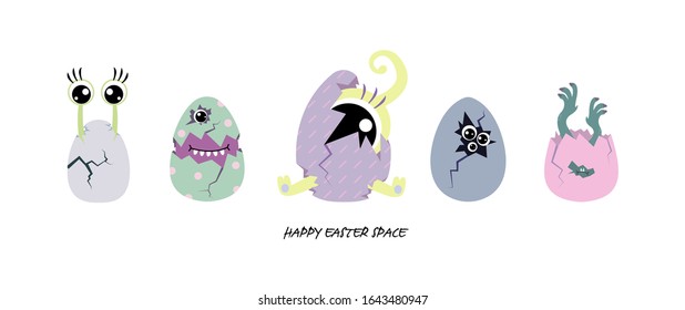  Pascua. Pascua espacial. Monstruos y extranjeros. Monstruos vectoriales. Imagen vectorial de Pascua.