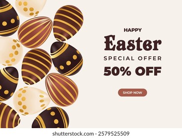 Easter special offer background with realistic chocolate golden eggs. Promotion, shopping template. Vector illustration of brown, beige colors. Concept for ad, sale, discount, voucher 