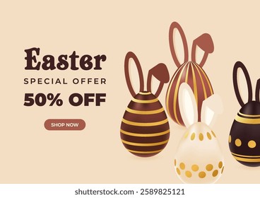 Easter special offer background realistic chocolate eggs with golden pattern. Promotion, shopping template. Vector illustration of brown,beige colors. Concept for ad, sale, discount, voucher 