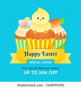 Plantilla de banner de oferta especial de Pascua. Feliz Pascua. Concepto de venta primaveral. Cuidada ilustración de quequitos decorados con huevos en el nido, ave pequeña y zanahoria. Vector 10 EPS.
