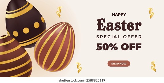 Easter special offer coupon realistic chocolate gold eggs. Promotion, shopping template. Vector illustration of brown,beige colors. Concept for ad, sale, discount, coupon, flyer