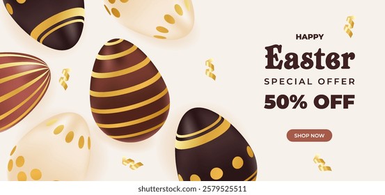 Easter special offer voucher realistic chocolate gold eggs. Promotion, shopping template. Vector illustration of brown,beige colors. Concept for ad, sale, discount, coupon, flyer