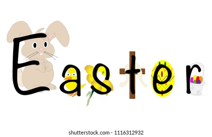 Easter spelled and illustrated with holiday icons bunny, chick, daffodil, cross, dyed egg and basket on white.