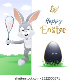 Easter sports greeting card. Cute Rabbit with Squash Egg and Squash racquet. Vector illustration.