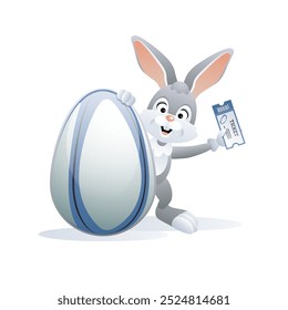 Easter sports greeting card. Cute Rabbit with Rugby Egg and Ticket. Vector illustration.