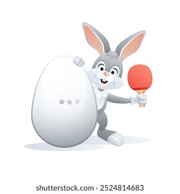 Easter sports greeting card. Cute Rabbit with Ping-Pong Egg and Table Tennis racquet. Vector illustration.