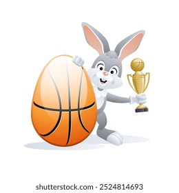 Easter sports greeting card. Cute Rabbit with Basketball Egg and Gold cup. Vector illustration.