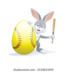 Cartão de saudação de esportes de Páscoa. Coelho bonito com ovo de softball e taco. Ilustração vetorial.