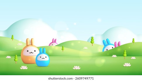 Easter spring background. 3d green podium landscape, abstract cartoon rabbit,cloud, grass hill. Sale season scene. Vector kid holyday illustration