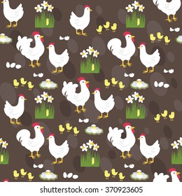 Easter Spring background with chickens, hens, roosters. Vector seamless pattern