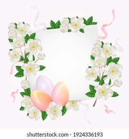Easter spring background with realistic easter eggs and cherry blossoms. Template for invitation card, banner, poster with easter eggs and spring flowers. Vector illustration