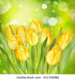 Easter spring background with tulips in a beautiful meadow. EPS 10 vector