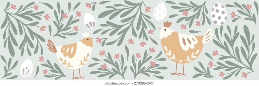 Anuncio de primavera de Pascua con pollos lindos, follaje floral y Colores pastel de crema suave