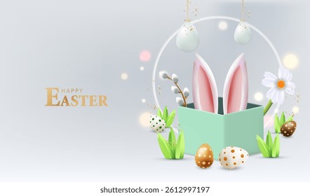 Easter spring banner with eggs, catkins, bunny ears in box and flower. Holiday 3d card design. Happy Easter vector.