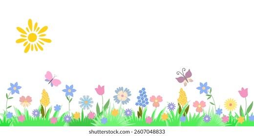 Easter or spring banner with flowers, butterfly, doodle sun, grass festive meadow pattern horizontal border, hand drawn vector illustration traditional celebration decor for card, poster, invitation