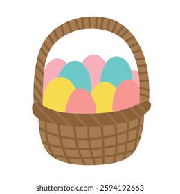 Easter spring basket with colorful eggs. Simple cute vector illustration in hand drawn naive cartoon doodle style isolated on white background