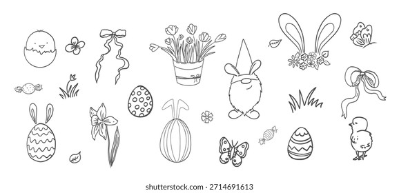 Cesta de primavera de Pascua con flores, huevos y arcos. Pollos, hojas de ramillete de primavera de mano libre. Conjunto lindo de Pascua. 