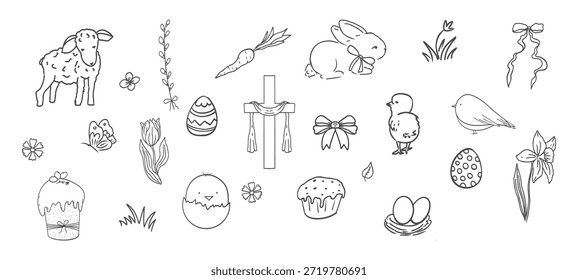 Easter spring basket with flowers, eggs and bows. Chickens, leaves sketchy free hand spring bouquet. Easter cute set. 