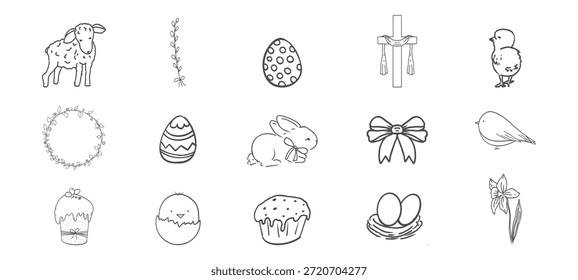Easter spring basket with flowers, eggs and bows. Chickens, leaves sketchy free hand spring bouquet. Easter cute set. 
