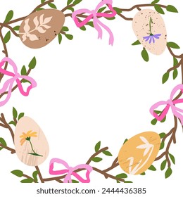 Easter spring border with Easter eggs, wildflowers and pink bows. Vector design template with text space for banner, poster, card
